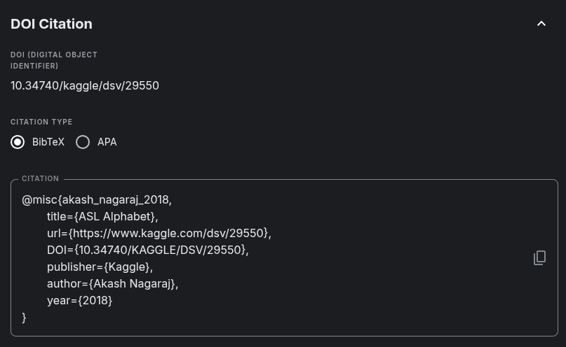 DOI Citation section of an ASL Alphabet image dataset on Kaggle, showing the DOI, following a selection of whether to use BibTex or APA citation, and a box for generated citation text and a copy button
