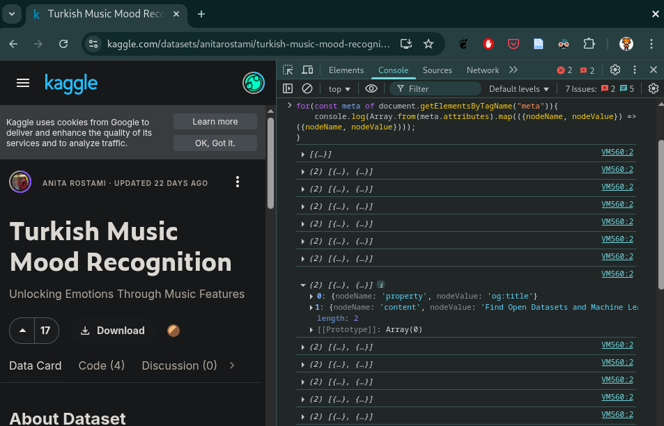 On the left, the page title has been updated correctly. On the right in the console, when meta tags were printed, one tag with 