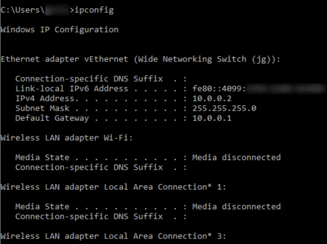 Microsoft Windows Command Prompt showing the results of the ipconfig command.