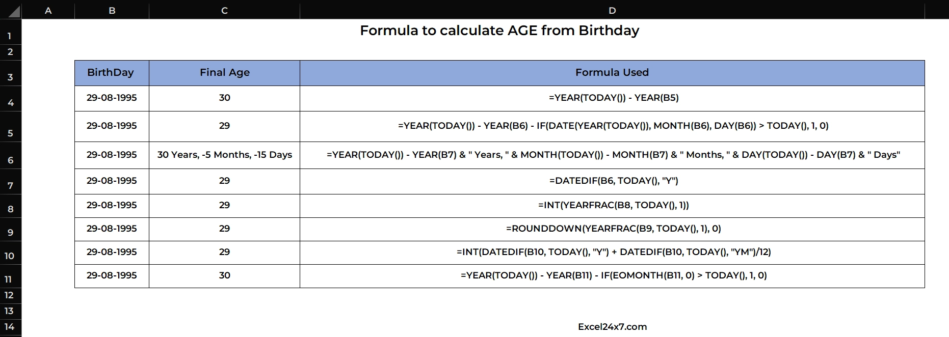 Other functions to calculate age from formula