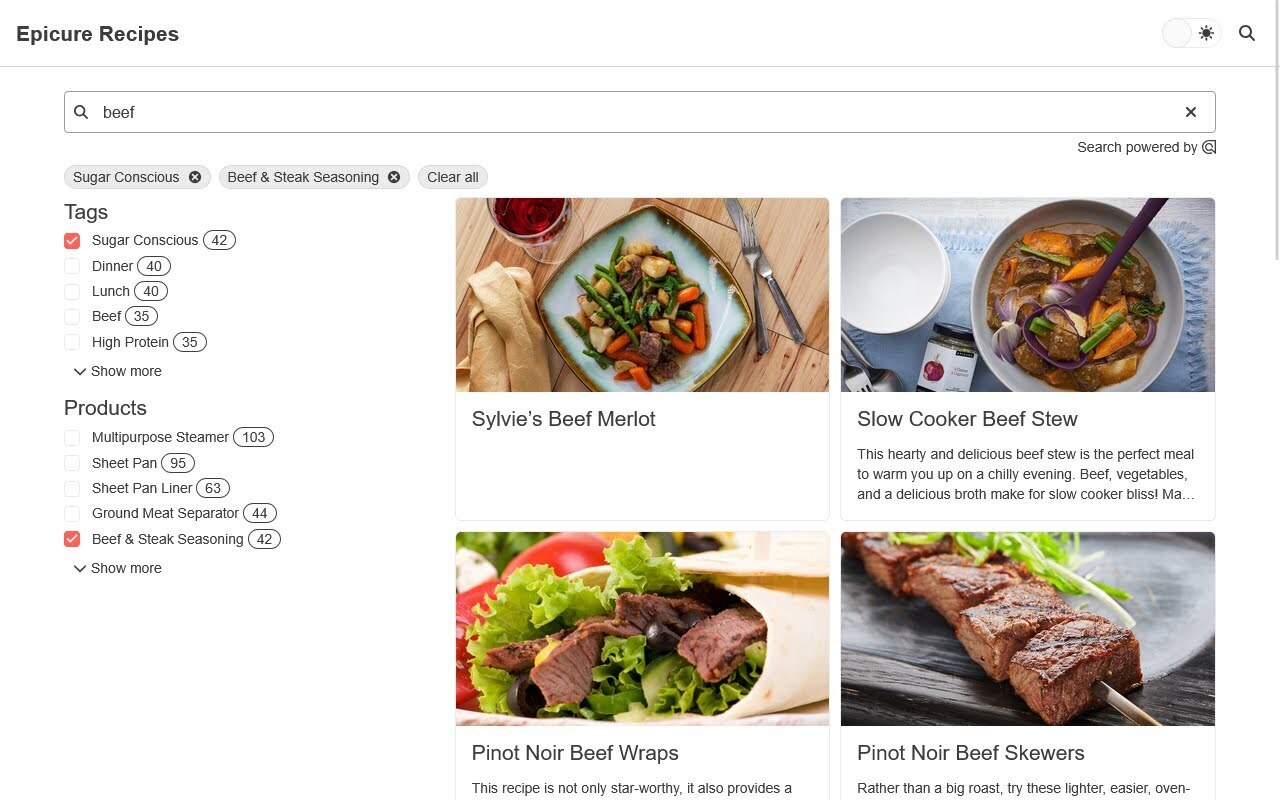 List of recipes in a search result, with facets checked