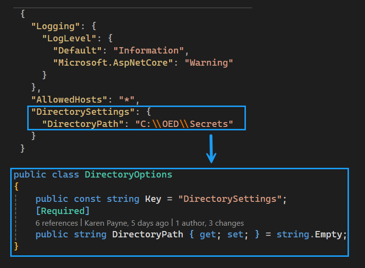 shows appsettings.json with path to a directory for keys