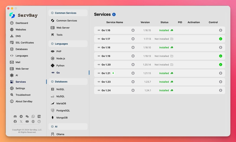 ServBay 1.11.0 Released: Golang Support!