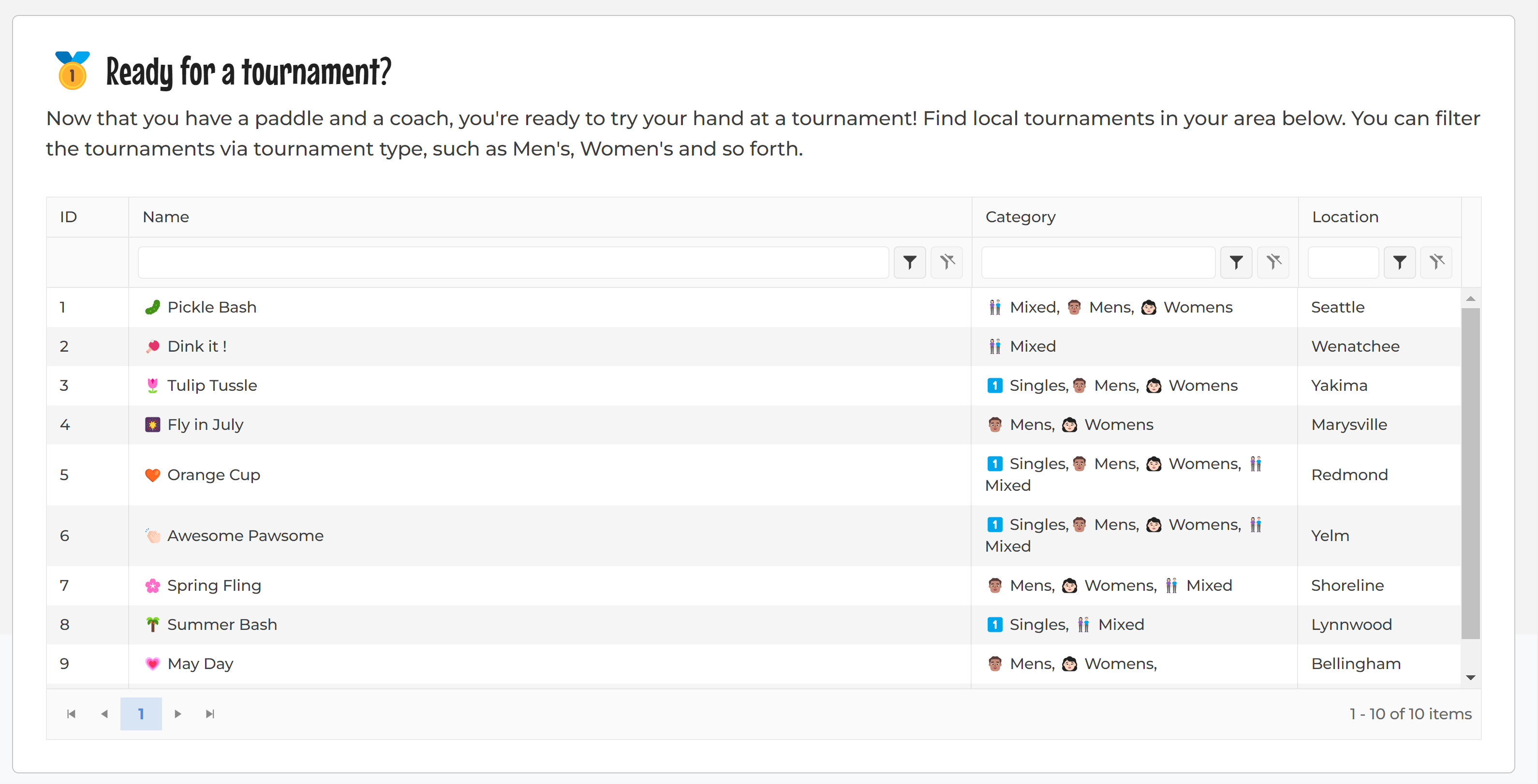 tournaments page