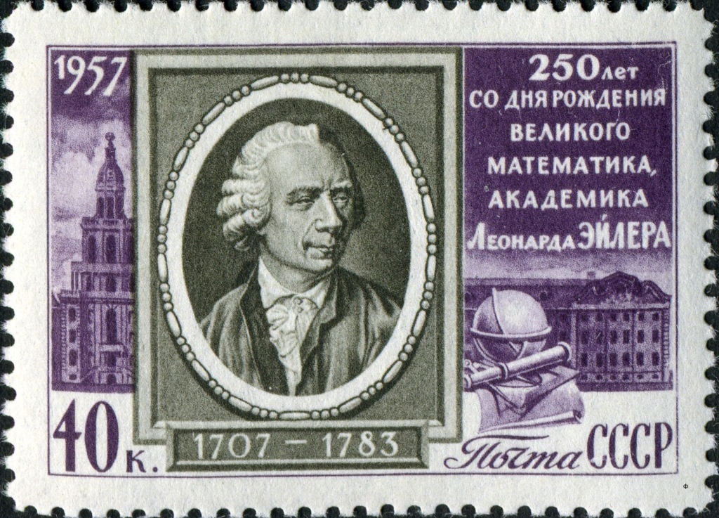 1957 Soviet Union stamp commemorating the 250th birthday of Euler. The text says: 250 years from the birth of the great mathematician, academician Leonhard Euler.
