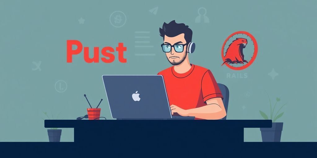 Solo developer coding with Rust and Rails logos present.