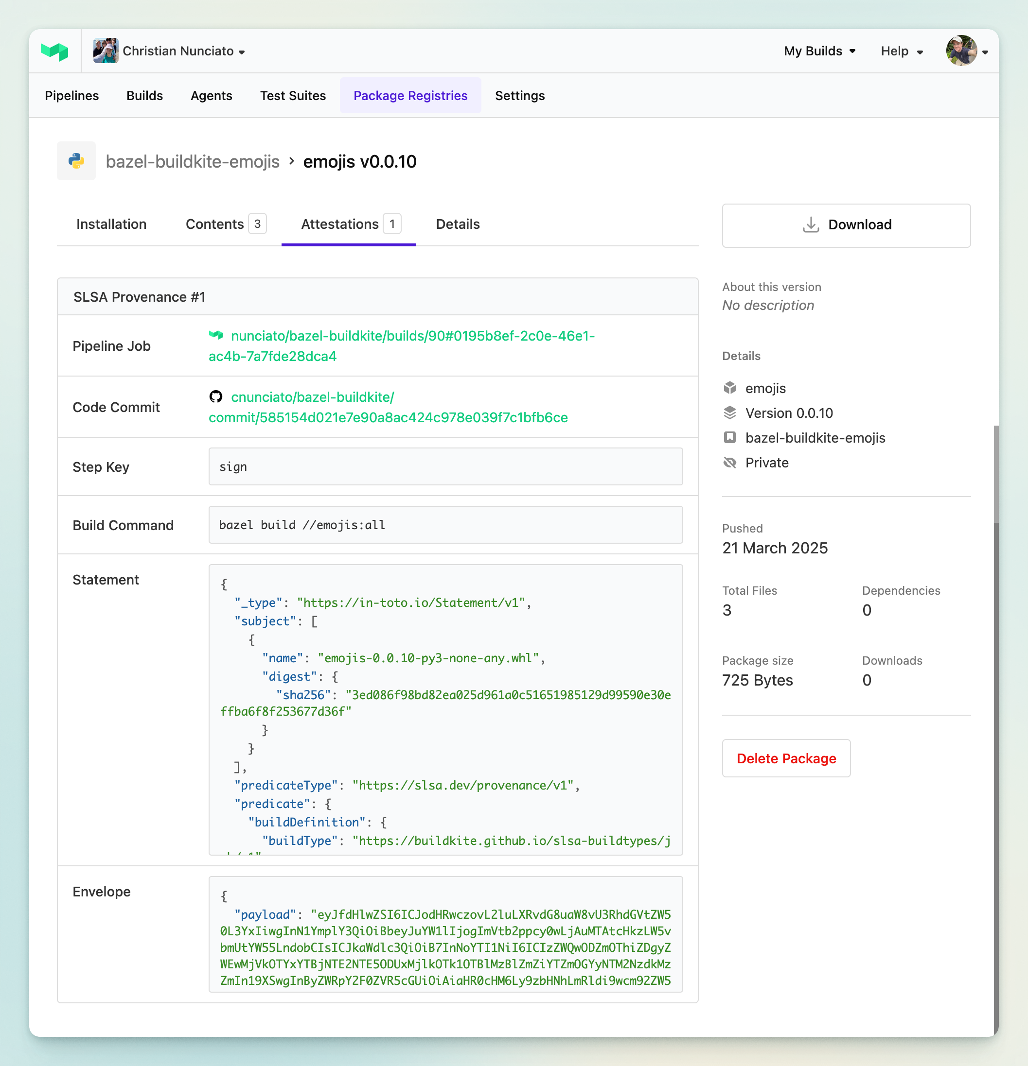 The SLSA provenance of a Python package built with Buildkite Package Registries.