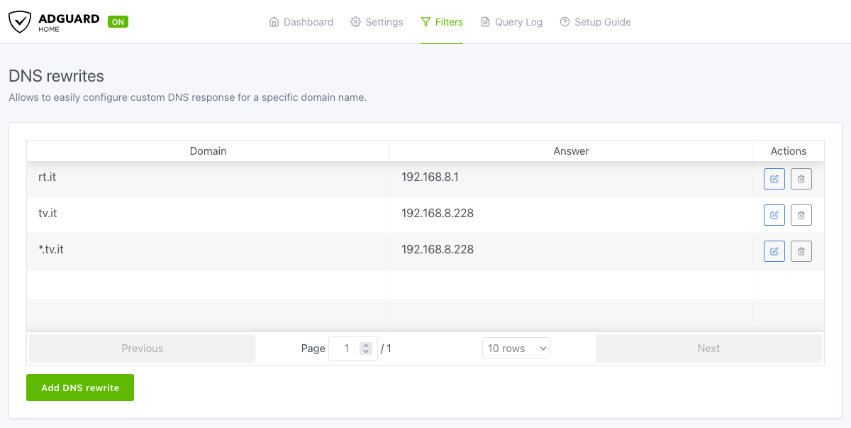 AdGuard Home interface to configure DNS rewrites