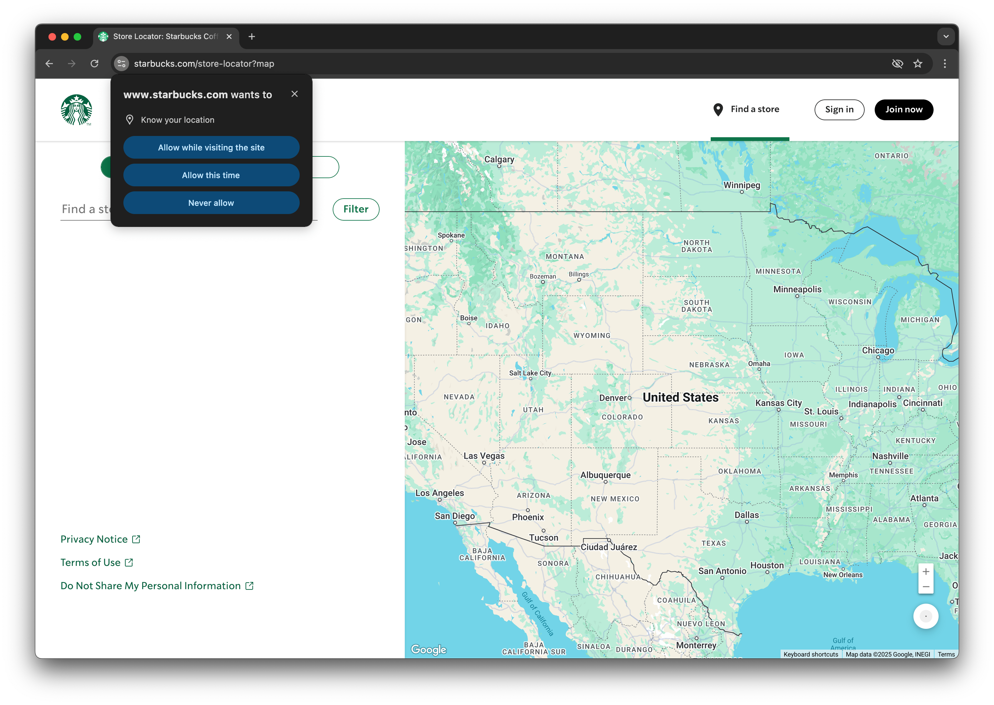 The Starbucks website asks for a geolocation
