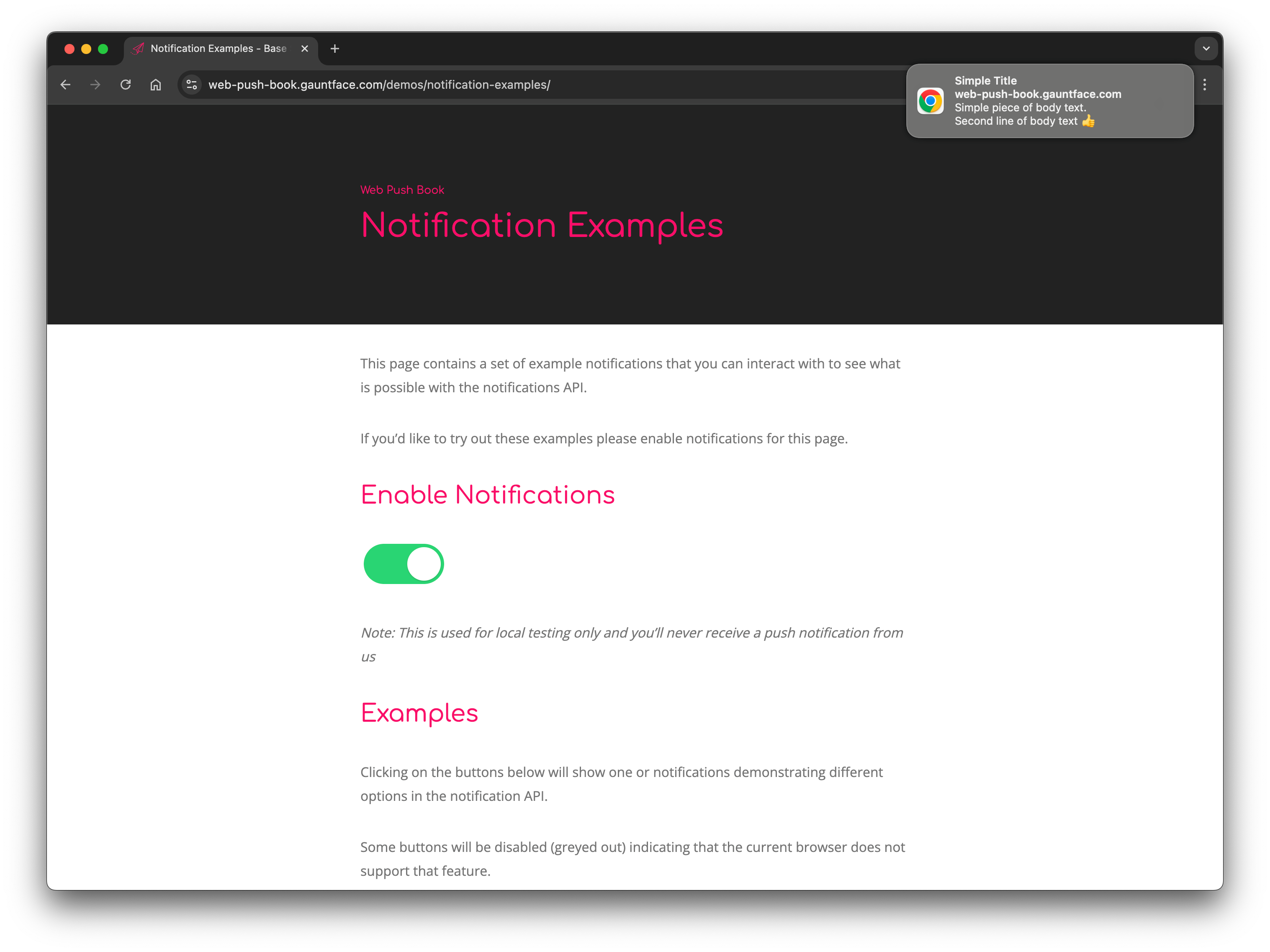 An example of a web notification