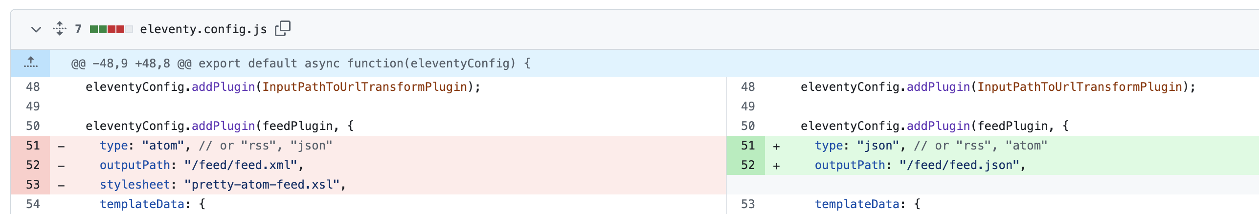 The GitHub diff in the eleventy config