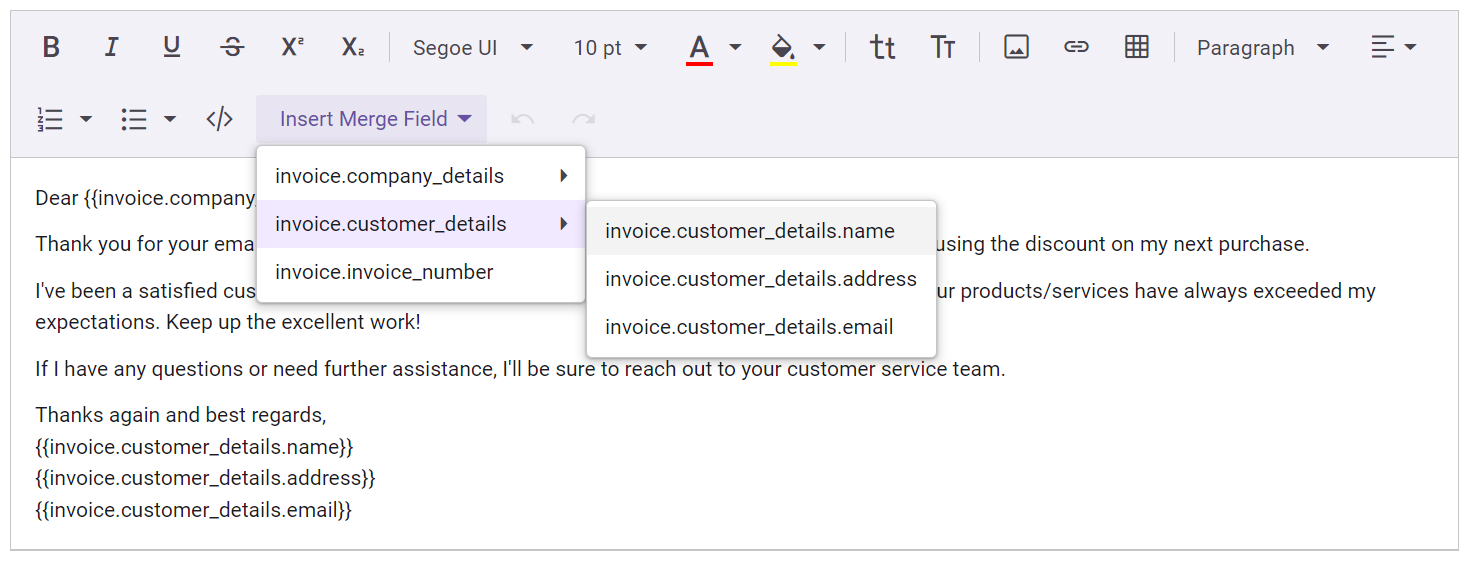 Adding Insert Merge Field menu button in the Blazor Rich Text Editor toolbar