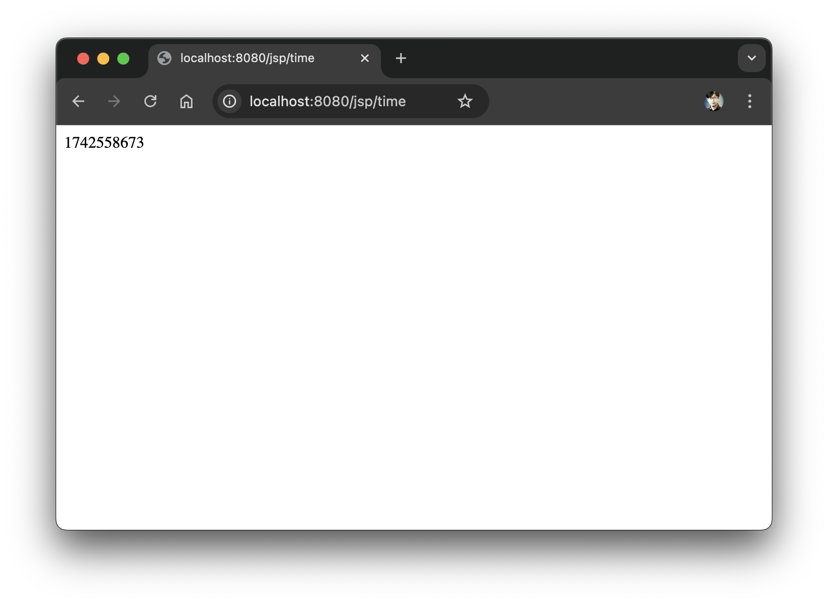 Screenshot of a JSP page rendering the current server time dynamically using Java code in a Spring Boot application.