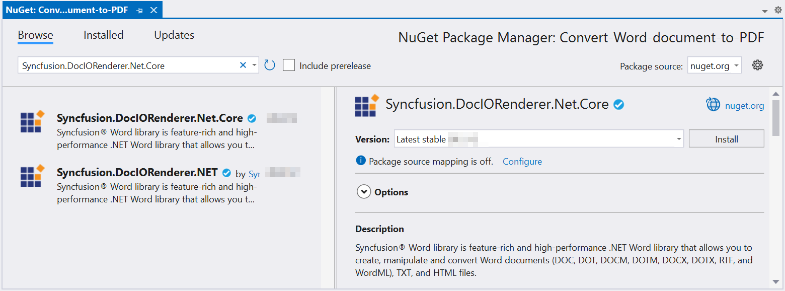 Install the Syncfusion.DocIORenderer.Net.Core NuGet package
