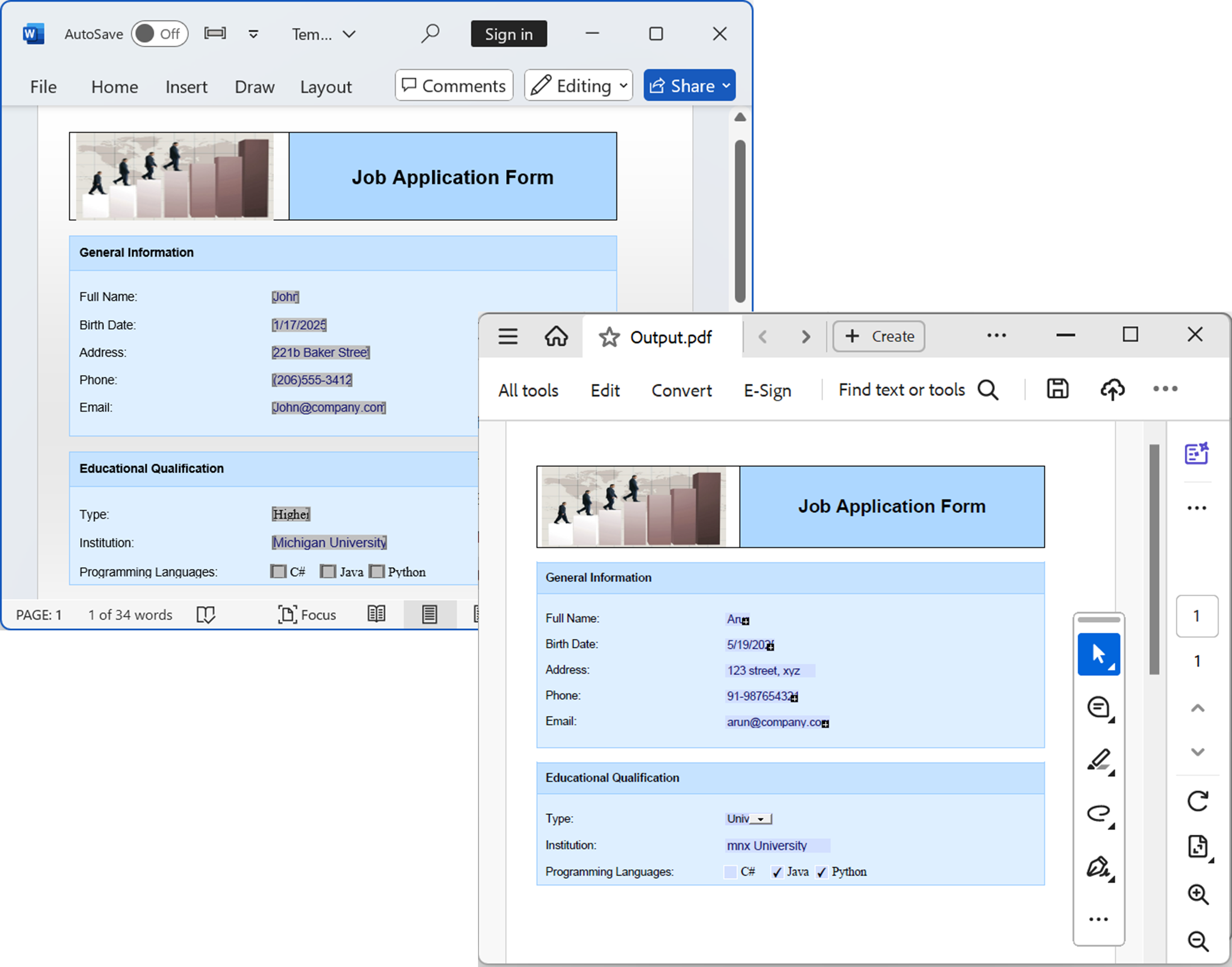 Fillable PDF generated from a Word document using .NET Word Library