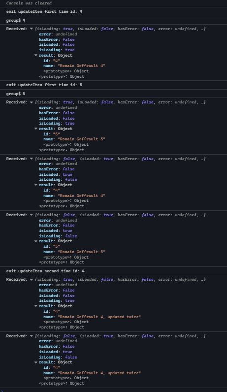 Logs de réponses du statedStream et groupBy RxJs