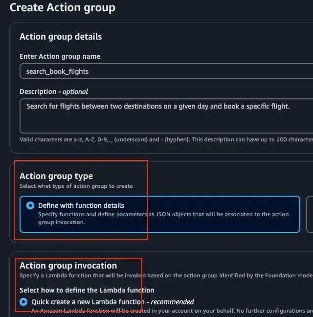 Select the action group type and creation of Lambda function