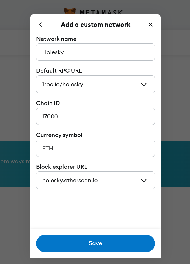 Holesky Testnet Metamask agregar de manera manual
