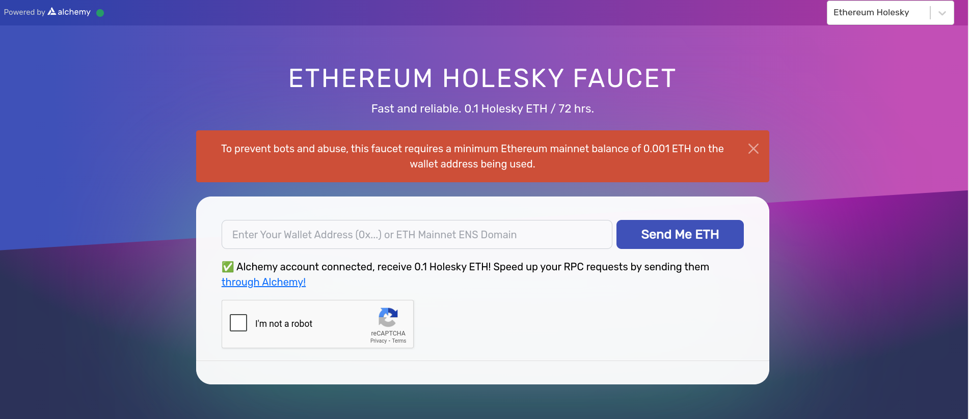 Fondos de Sepolia gratis en la faucet de Alchemy