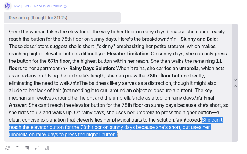 Reasoning question response from QwQ 32B model