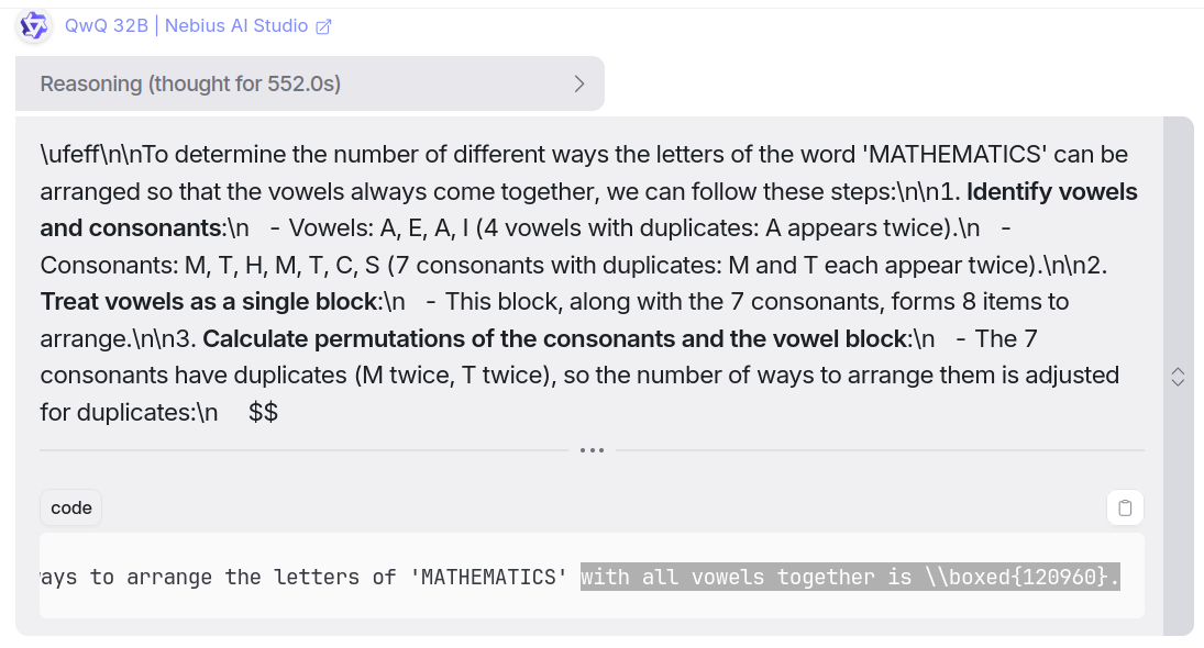 Mathematics question response from QwQ 32B model