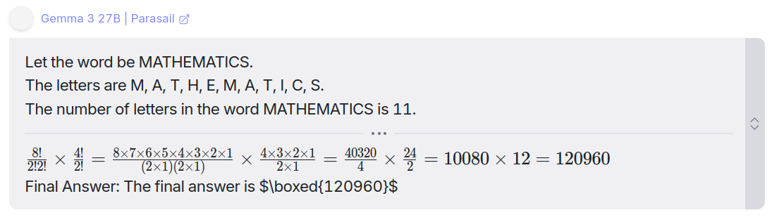 Mathematics question response from Gemma 3 27B model