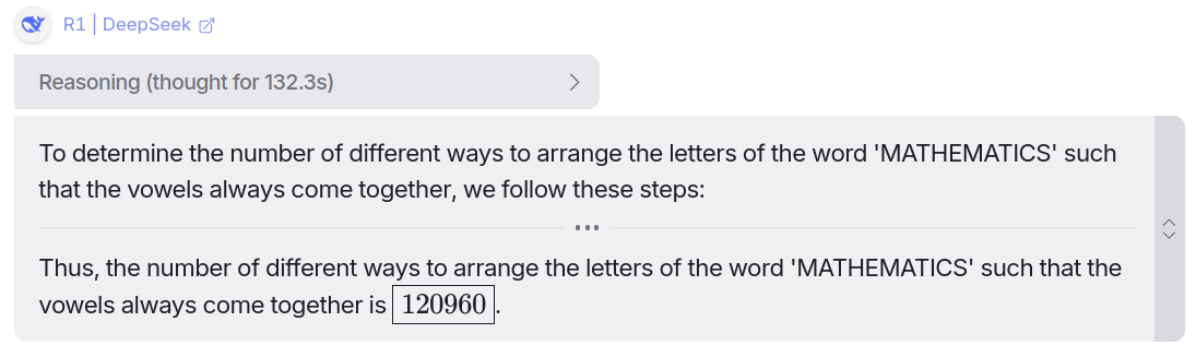 Mathematics question response from Deepseek R1 model