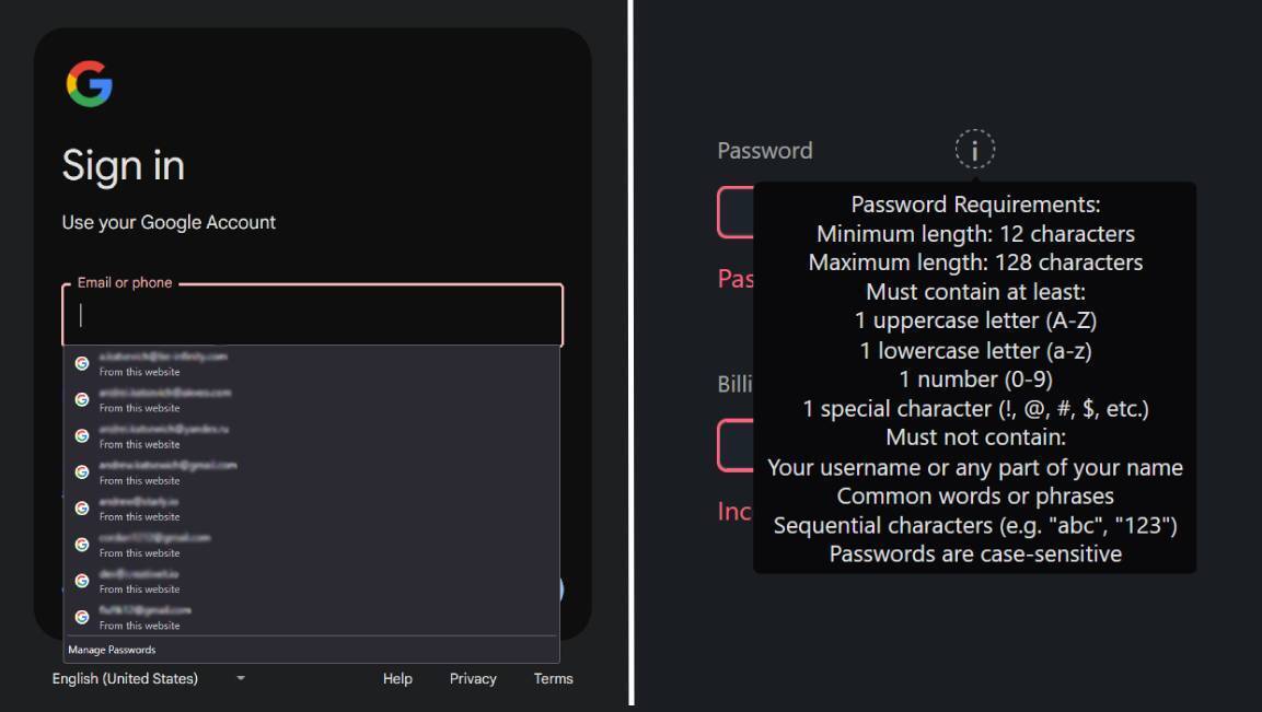 Example of errors covered with browser's autocomplete and open tooltip