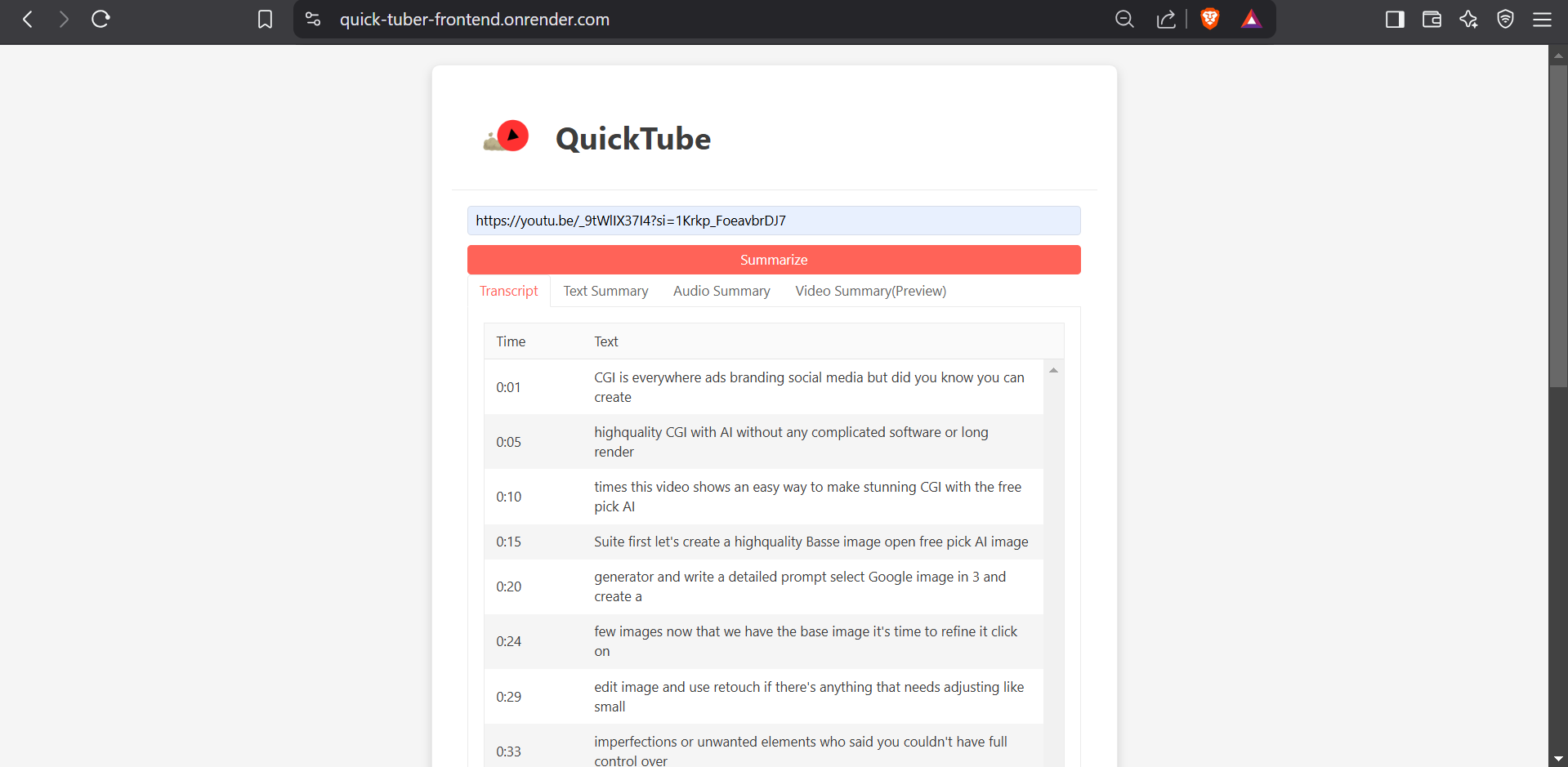 Transcription Tab on QuickTube