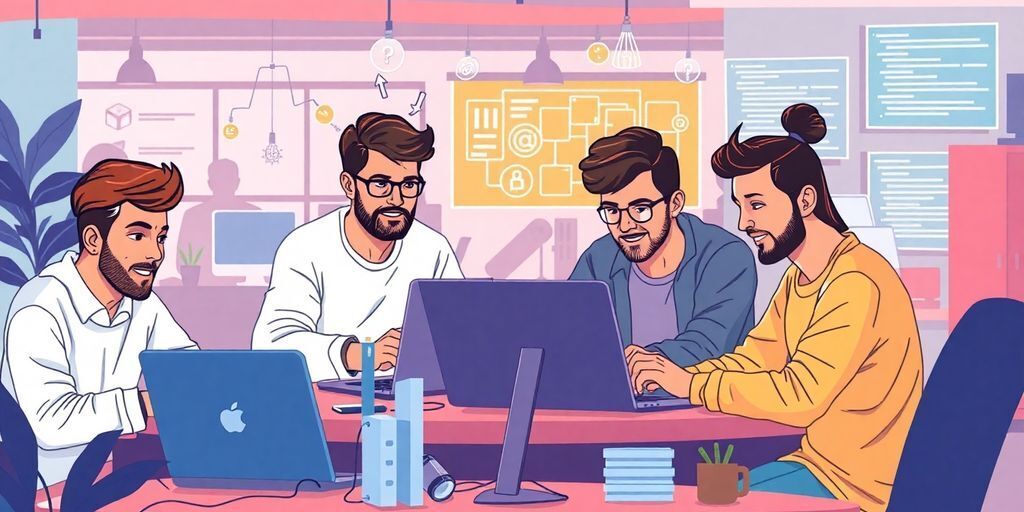Illustration of diverse developers collaborating in a startup environment.
