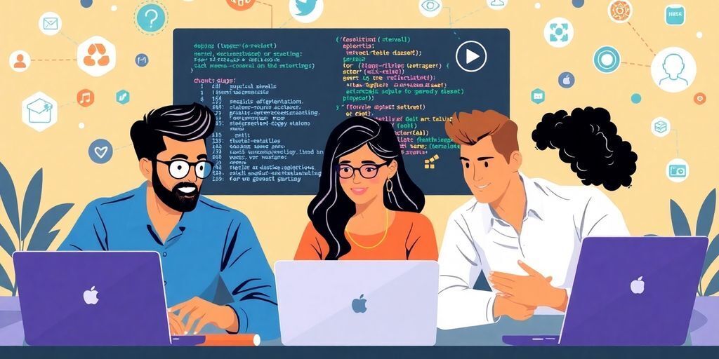 Diverse developers collaborating online with laptops and code.