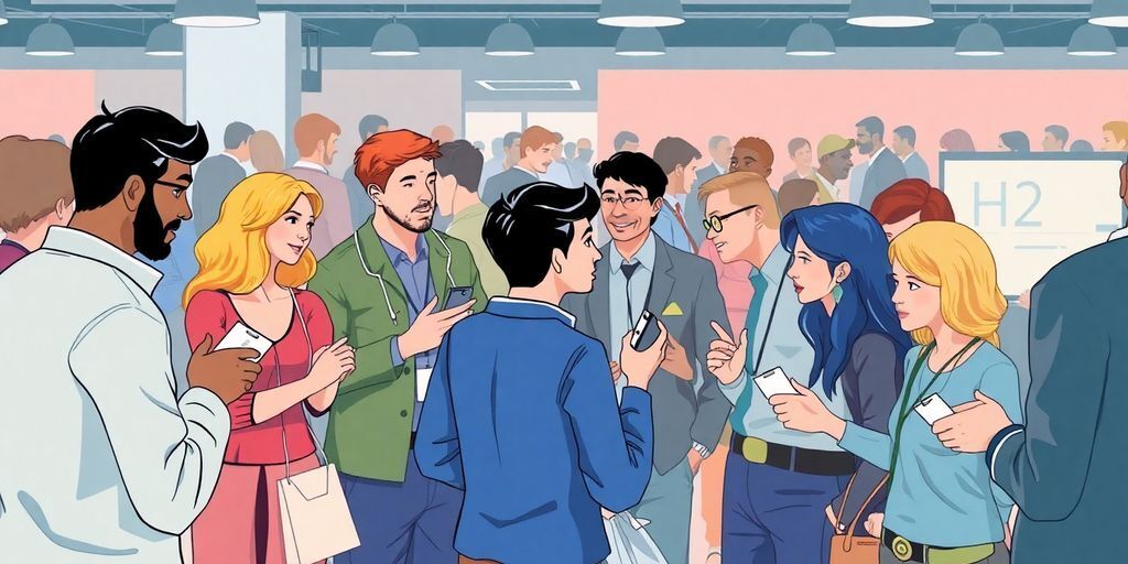 Diverse professionals networking at a tech event.