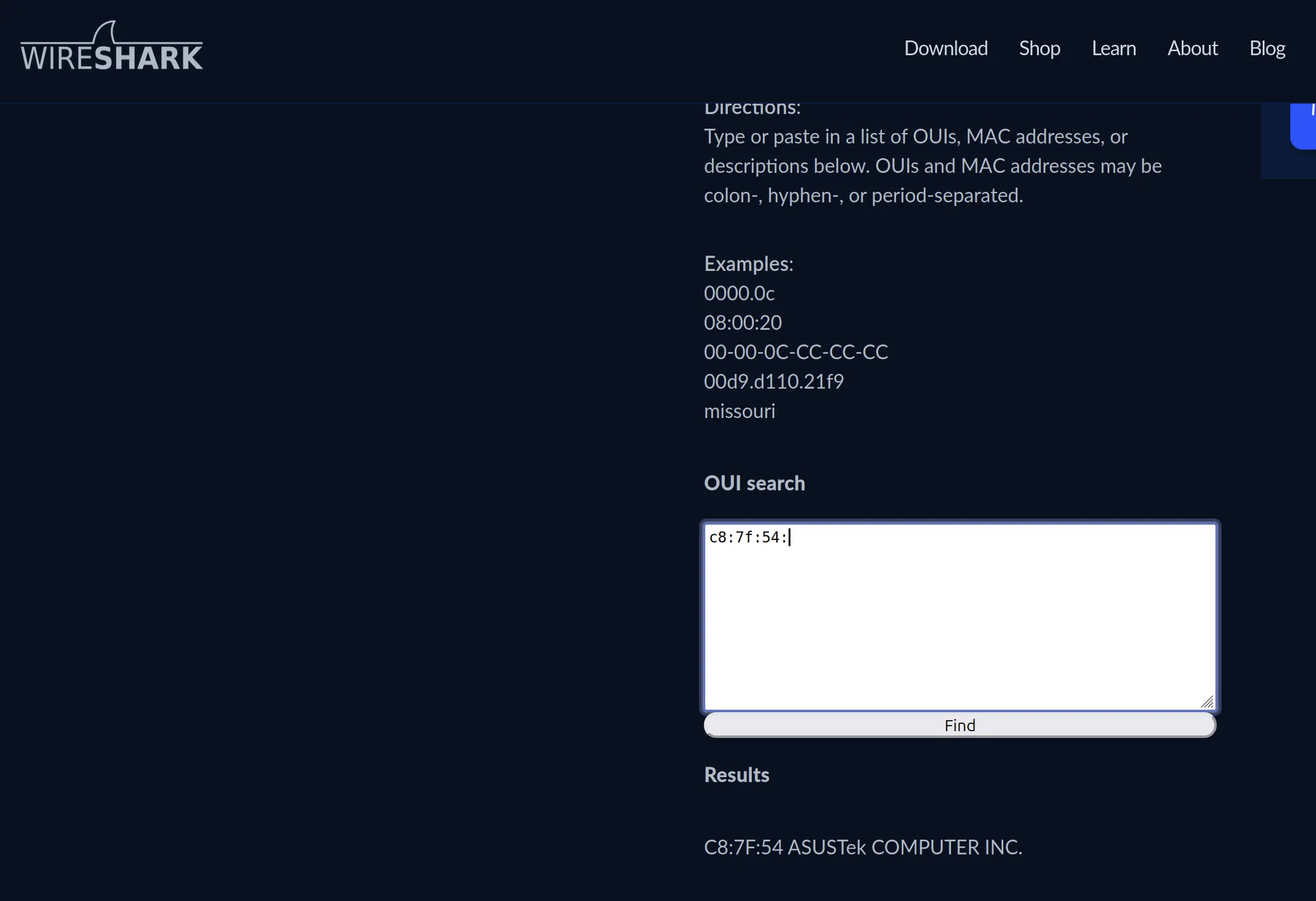 Screenshot of an example OUI from the Wireshark website