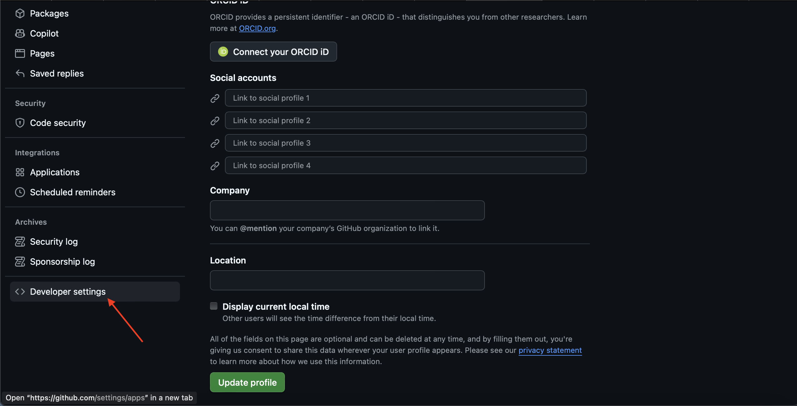 Developers settings