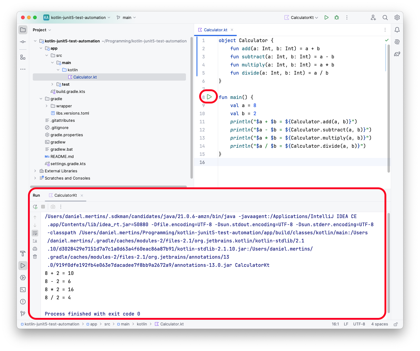 Execução da função main no IntelliJ