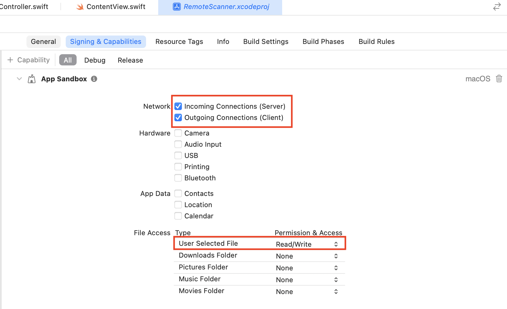 app sandbox setting