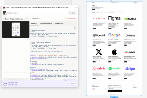 Anima plugin converting the design to code in the Figma app plugin