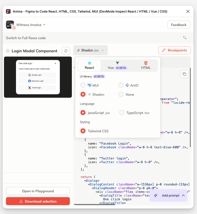 Customisation dropdown containing language, styling and framework choices for developers.<b> </b>