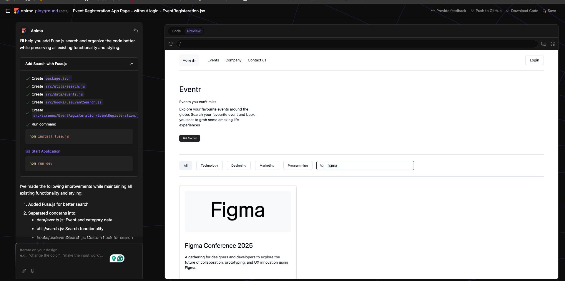 Anima AI Playground showing the app page search functionality installed using fuse.js