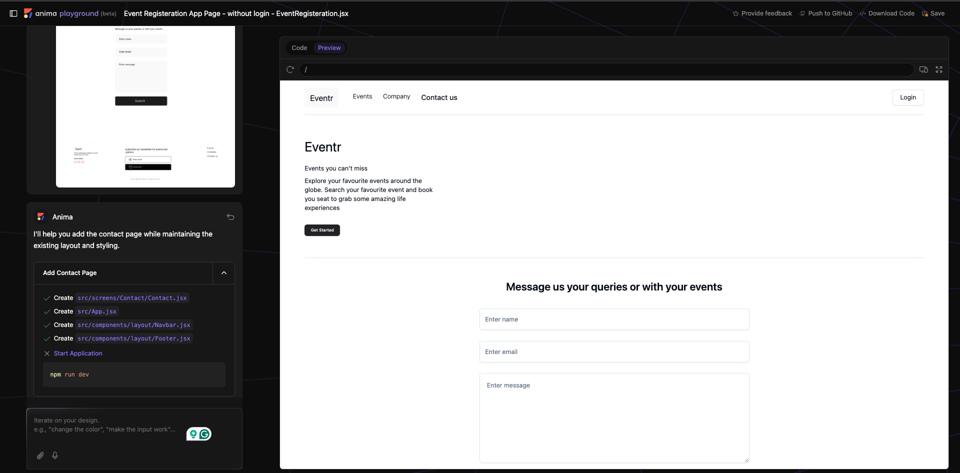 The Contact Us page contains the contact form according to the design uploaded on the chatbot.
