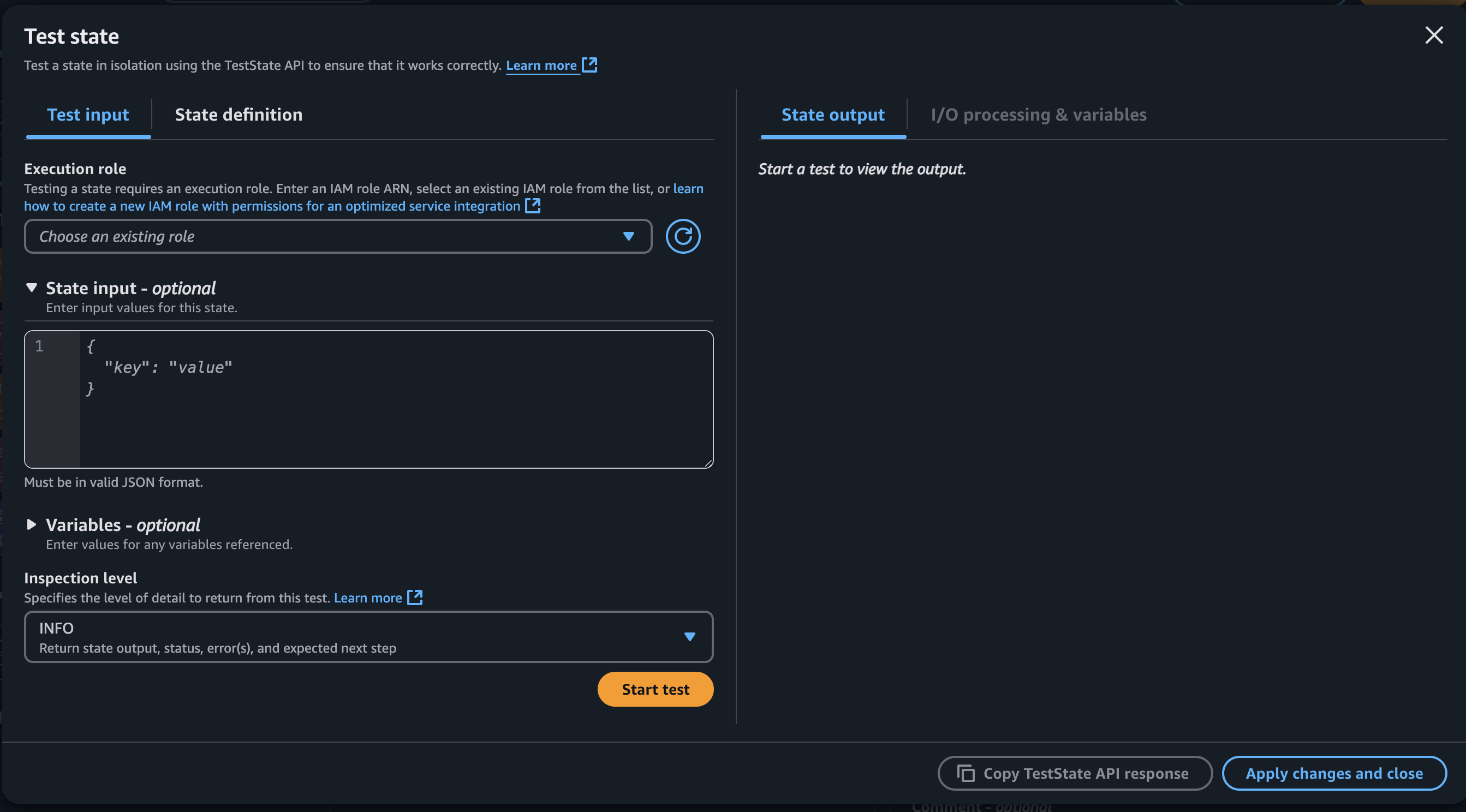 Test State with workflow for AWS Step Functions in VS code