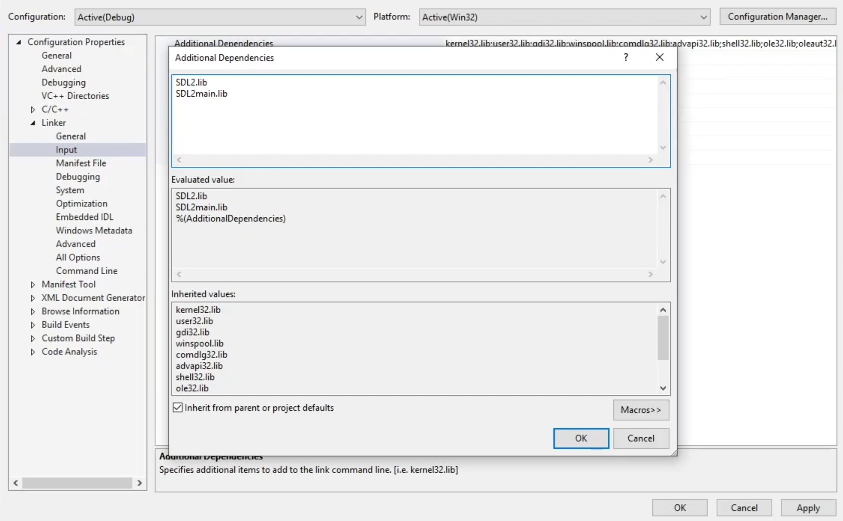 VS Library Linker Input