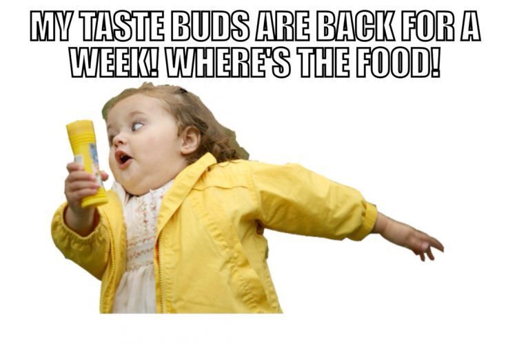 A girl rushing somewhere captioned my tastebuds are back for a week! where's the food!