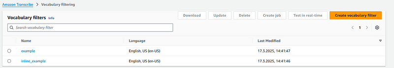 Vocabulary filter list in AWS Console
