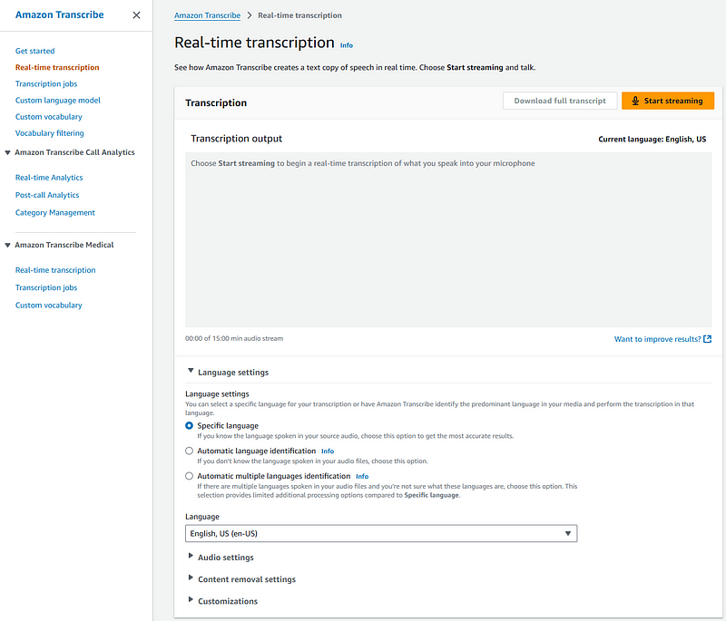 Real-time streaming console in Transcribe