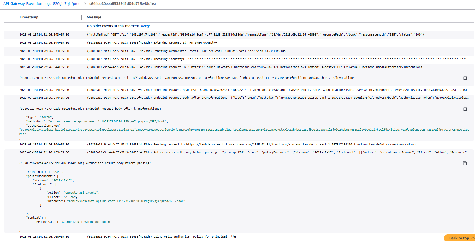 API Gateway execution logs for valid token