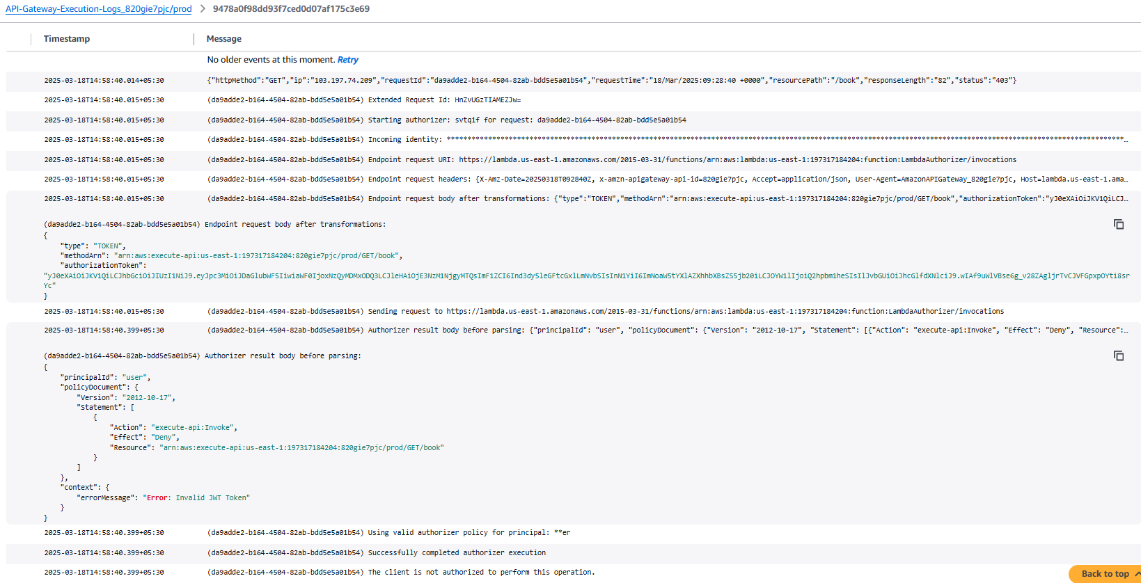 API Gateway Execution logs for invalid token