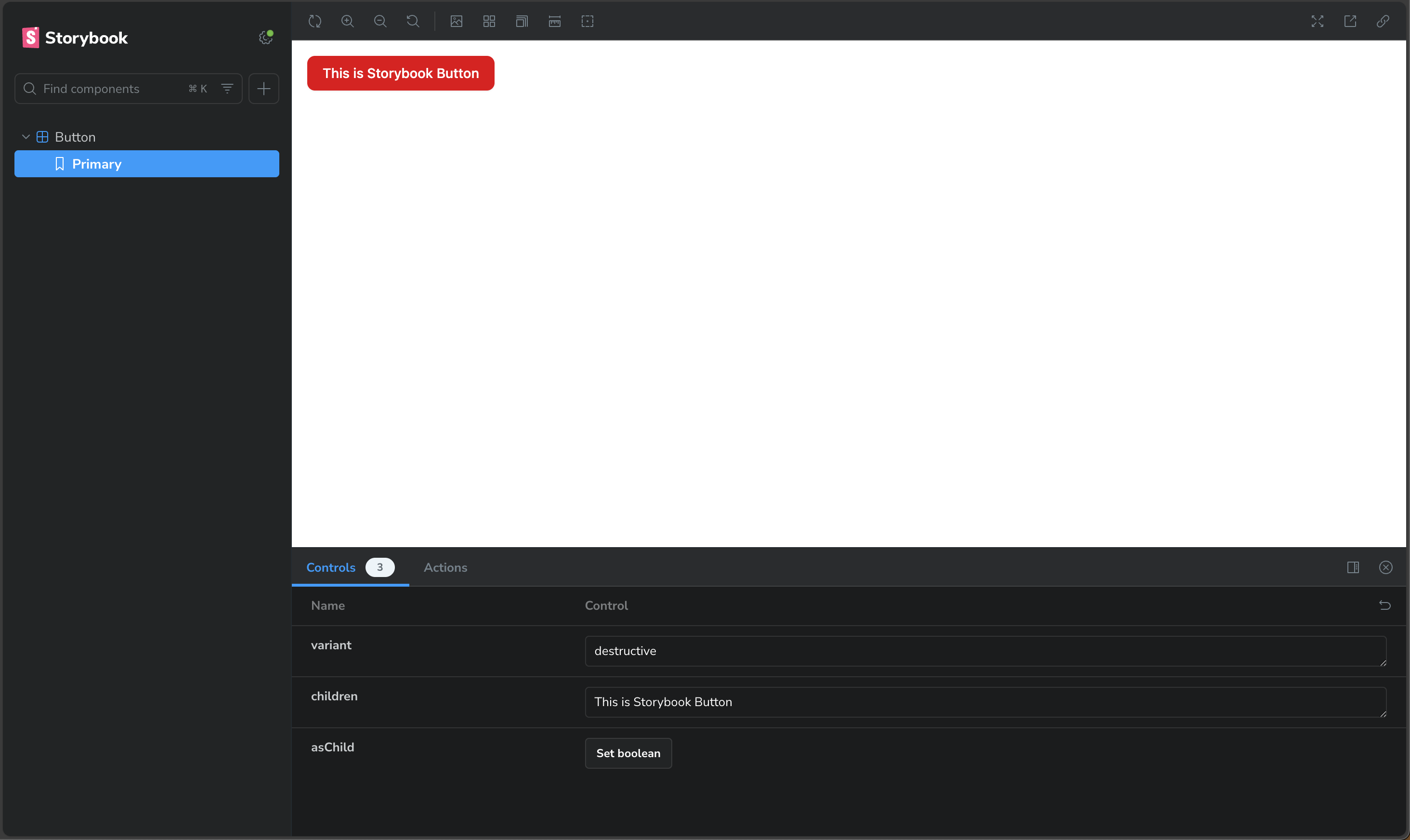 Storybook dev mode screenshot