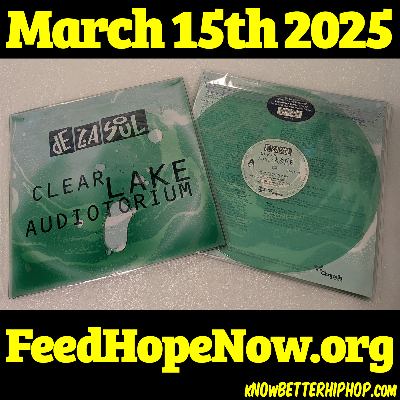 Radio show episode image two vinyl records in clear plastic sleeves are displayed against a light background. The record on the left has a semi-transparent green cover with the words 