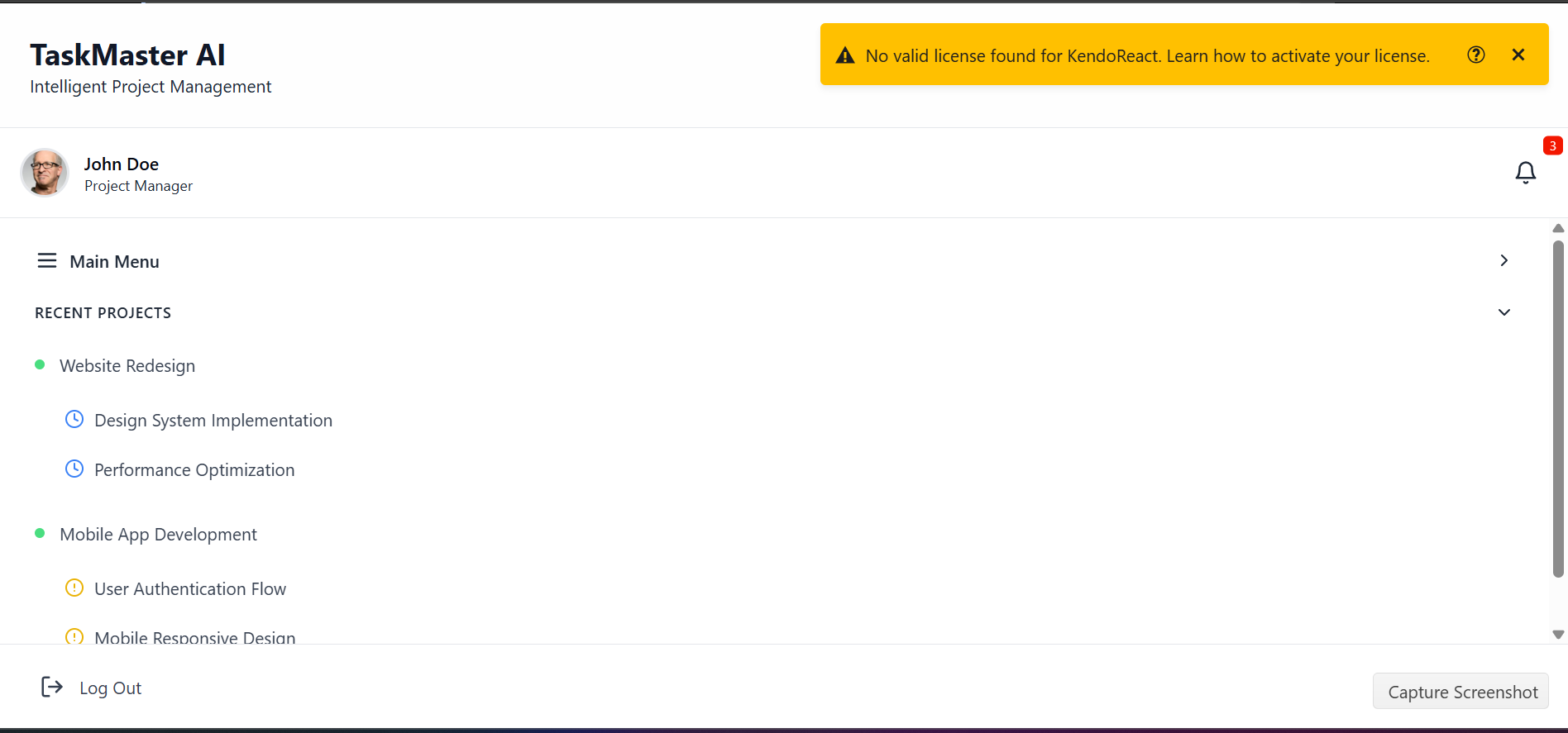 This screenshot shows the main dashboard of TaskMaster AI. At the top, there’s a yellow warning banner stating, 